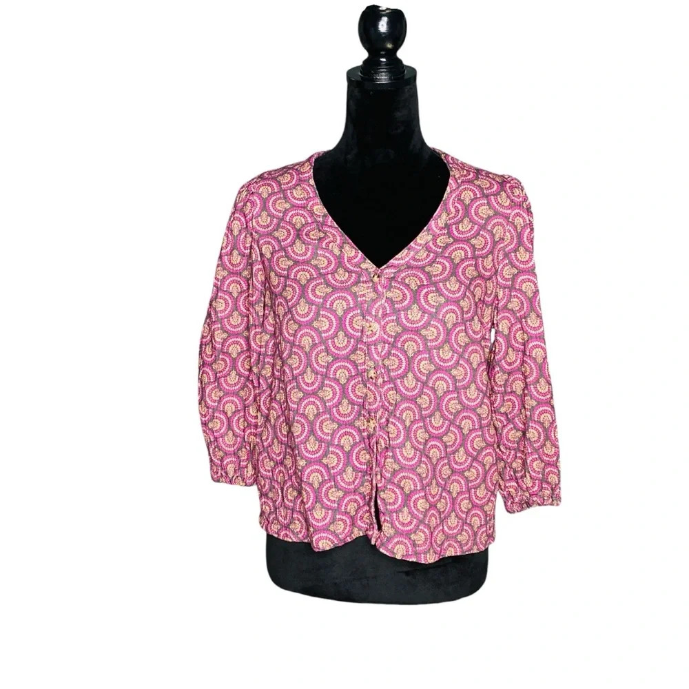 Marine Layer women’s Printed Colette Doublecloth Top in Fan Block Print small